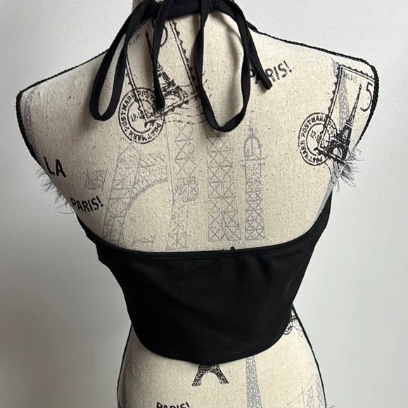 Black Feather Trim Crop Top with Cutout - Picture 2 of 14